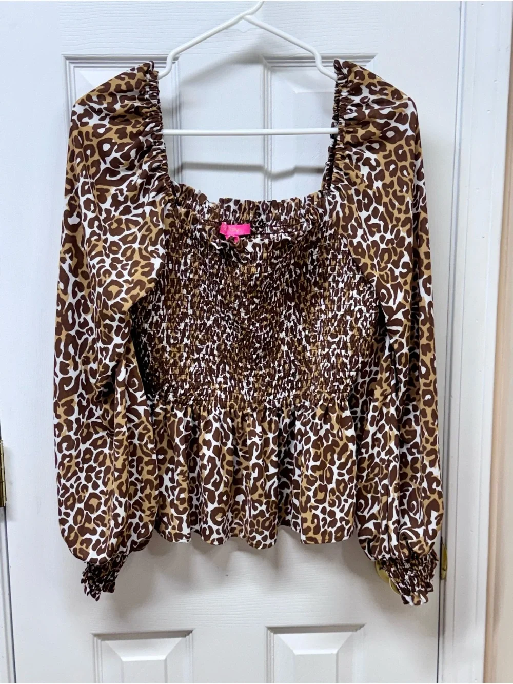 Lilly Pulitzer Demi Leopard Smocked Peplum Long Sleeve Top Brown Size L